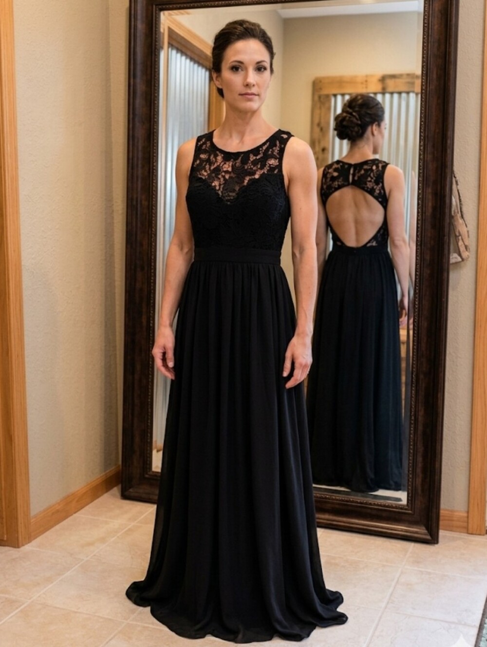 Black long Dress flowy formal long S lace top full skirt open back Manij…